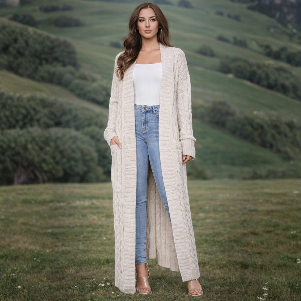 Dames Lange Gebreide Cardigan – Effen, Comfortabel voor Winter, Met Pompons