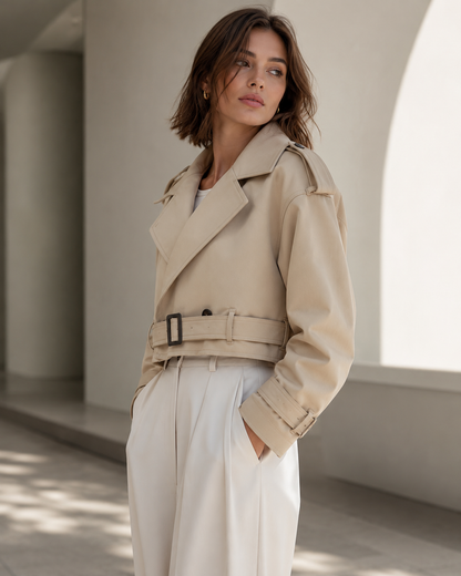 Dames Cropped Trenchcoat – Beige Katoen, Lichtgewicht Jasje voor Lente en Herfst