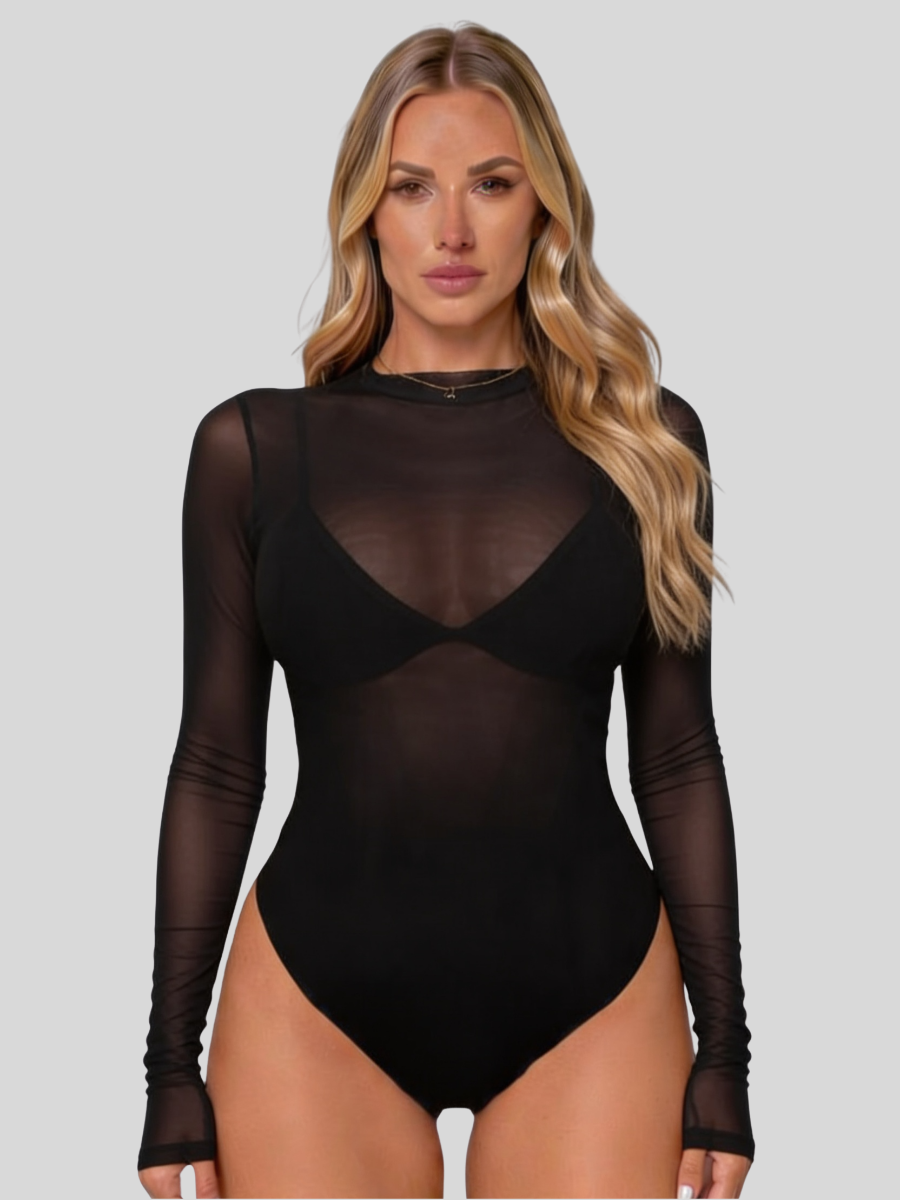 Dames Mesh Body met Lange Mouwen - Transparante Bodysuit met Col