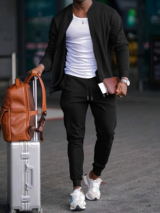 Heren Slim Fit Tracksuit Set – Met Rits en Elastische Taille, Geschikt voor Casual en Sportieve Activiteiten