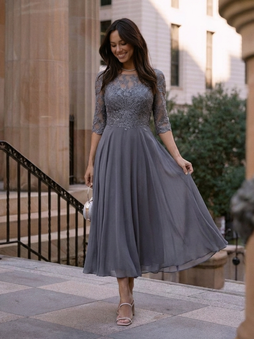 Dames Midi Jurk Kanten Bodice met Sheer Mouwen