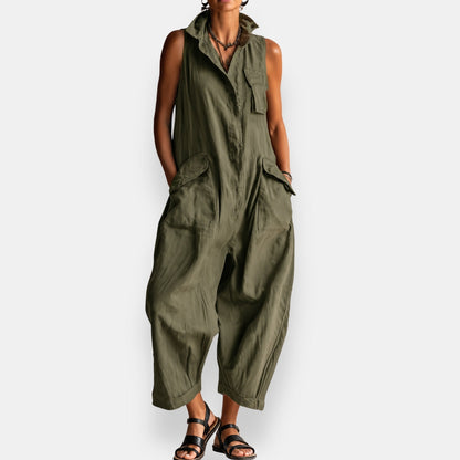 Dames Jumpsuit Mouwloos Cargostijl met Gestructureerde Kraag