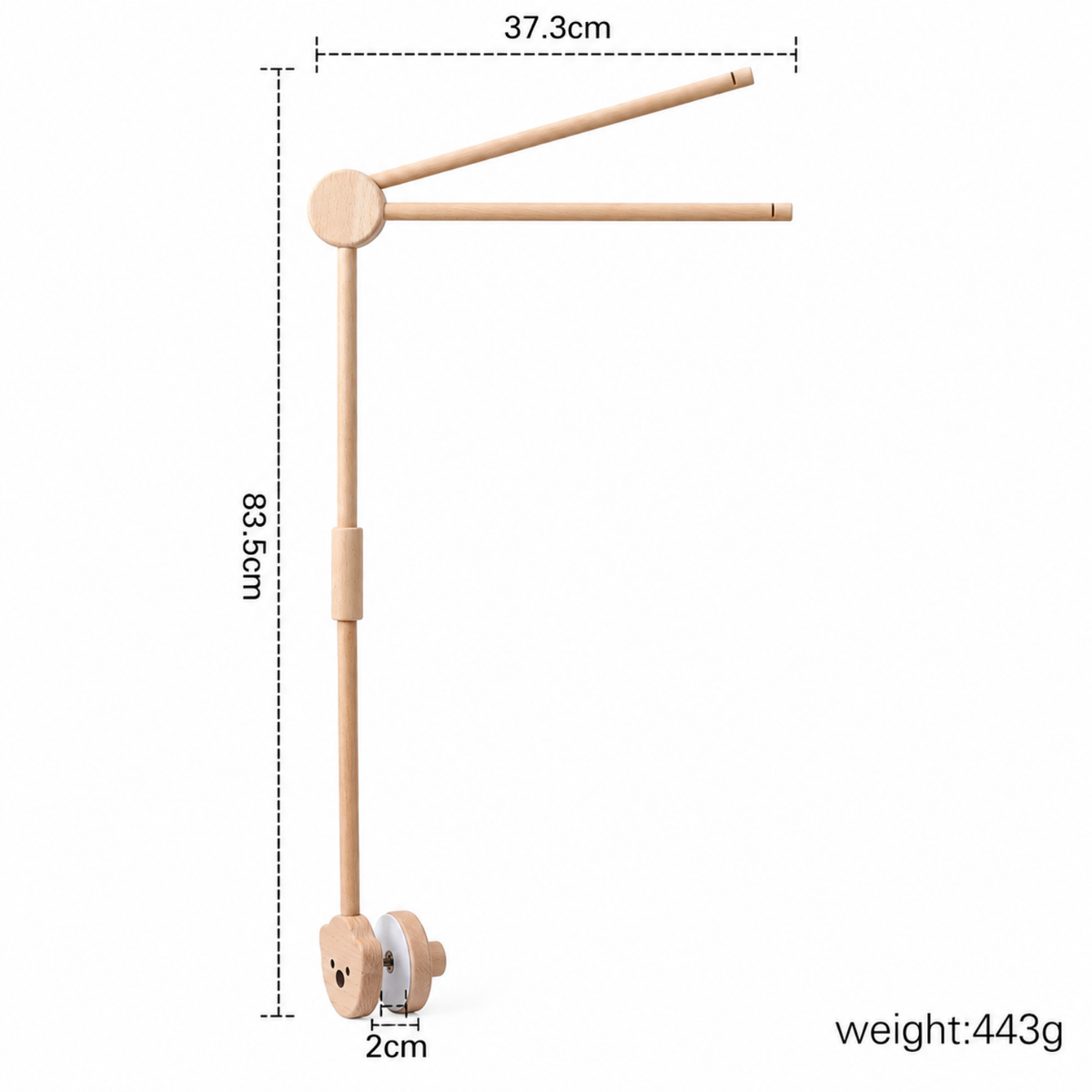 Large wooden cot mobile arm bracket with koala charm, dimensions diagram