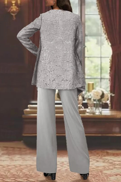 Dames Feestpak Driedelig - Kanten Blazer met Pailletten en Wide Leg Broek