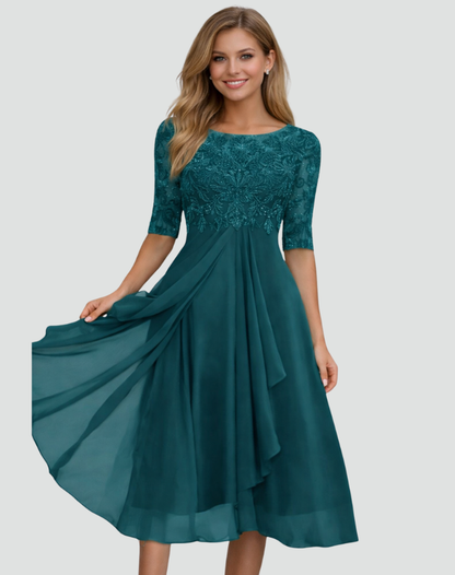 Dames Feestjurk Midi met Kanten Top en Tule Rok