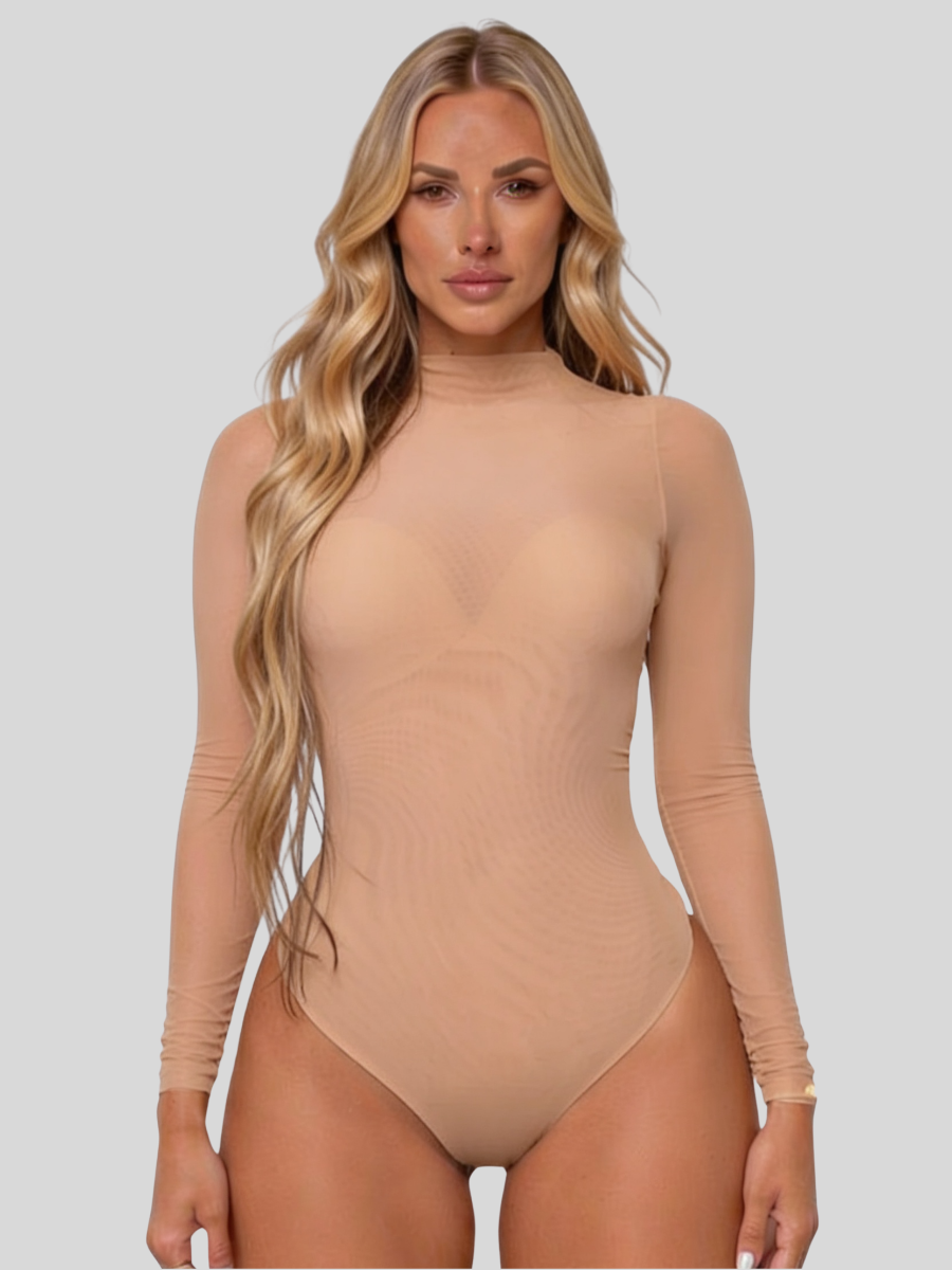 Dames Mesh Body met Lange Mouwen - Transparante Bodysuit met Col