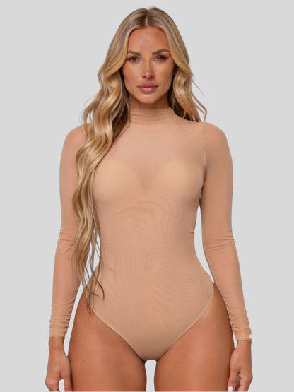 Dames Mesh Body met Lange Mouwen - Transparante Bodysuit met Col