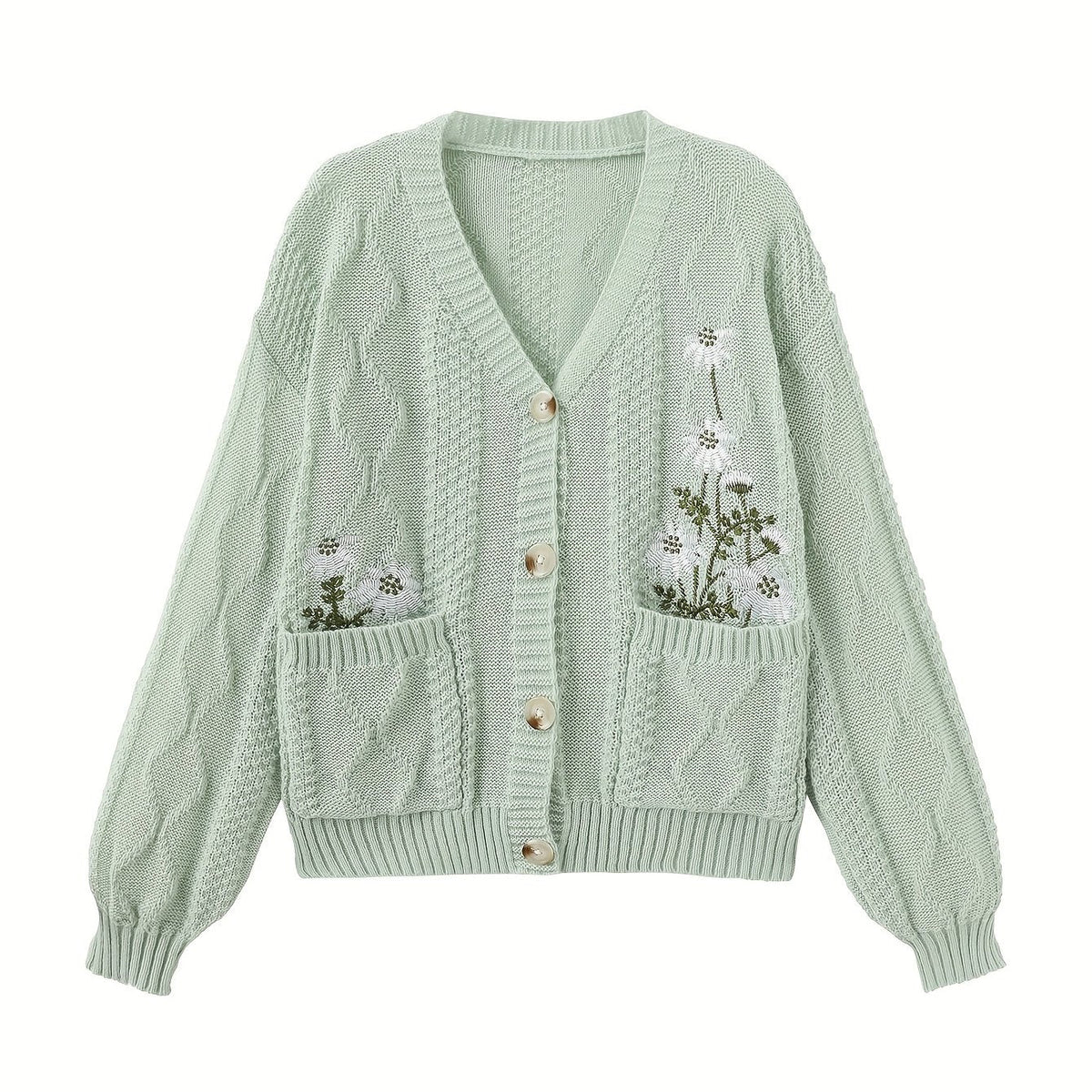 Winsome™ | Women's Floral Embroidered V-Neck Button Cardigan