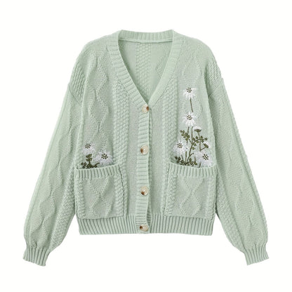 Winsome™ | Women's Floral Embroidered V-Neck Button Cardigan