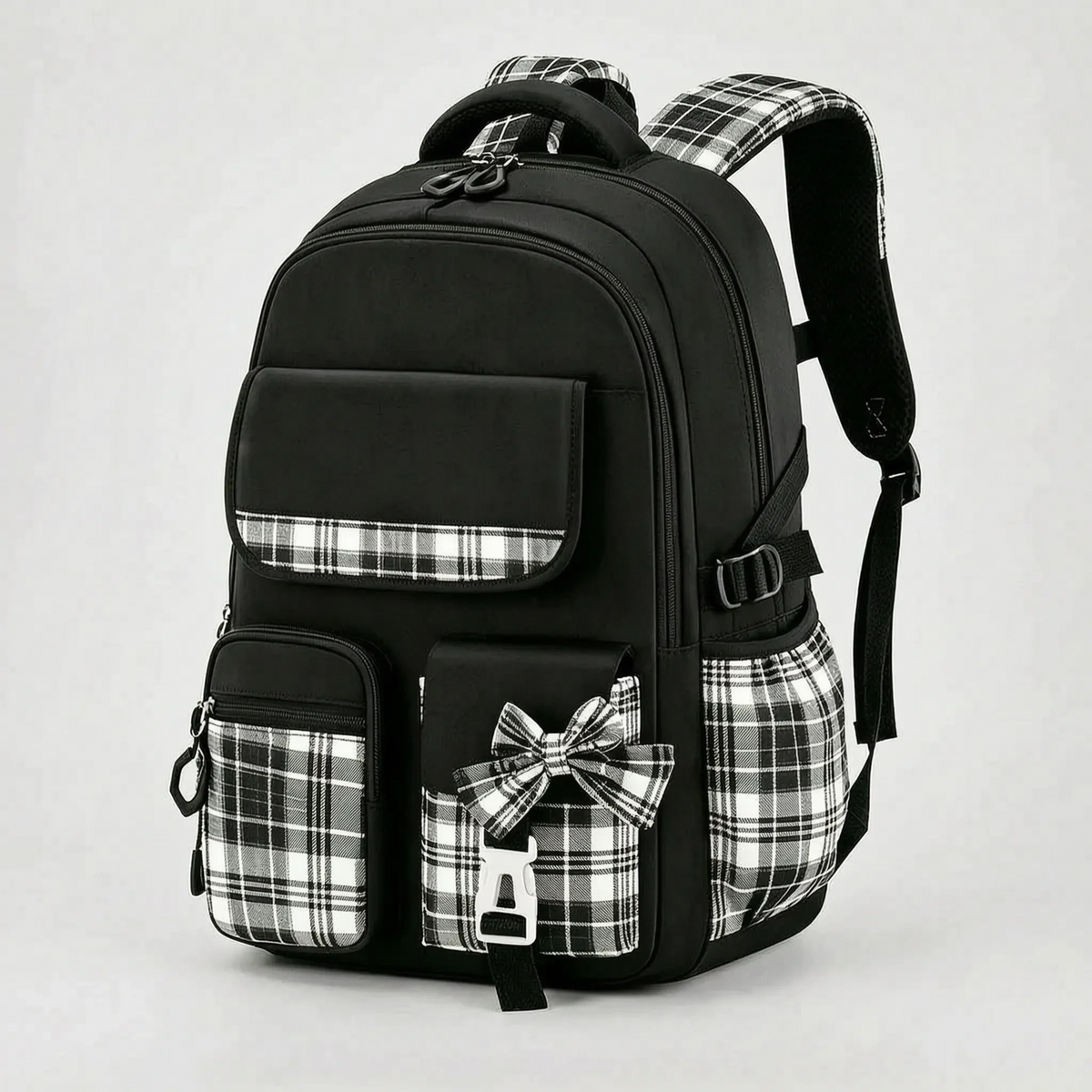 View of a stylish checkered school backpack featuring padded shoulder straps and a spacious compartment