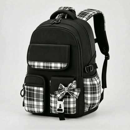 View of a stylish checkered school backpack featuring padded shoulder straps and a spacious compartment