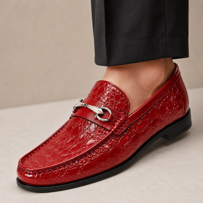 Heren Loafers Runderleer met Gegraveerde Structuur en Metalen Accent