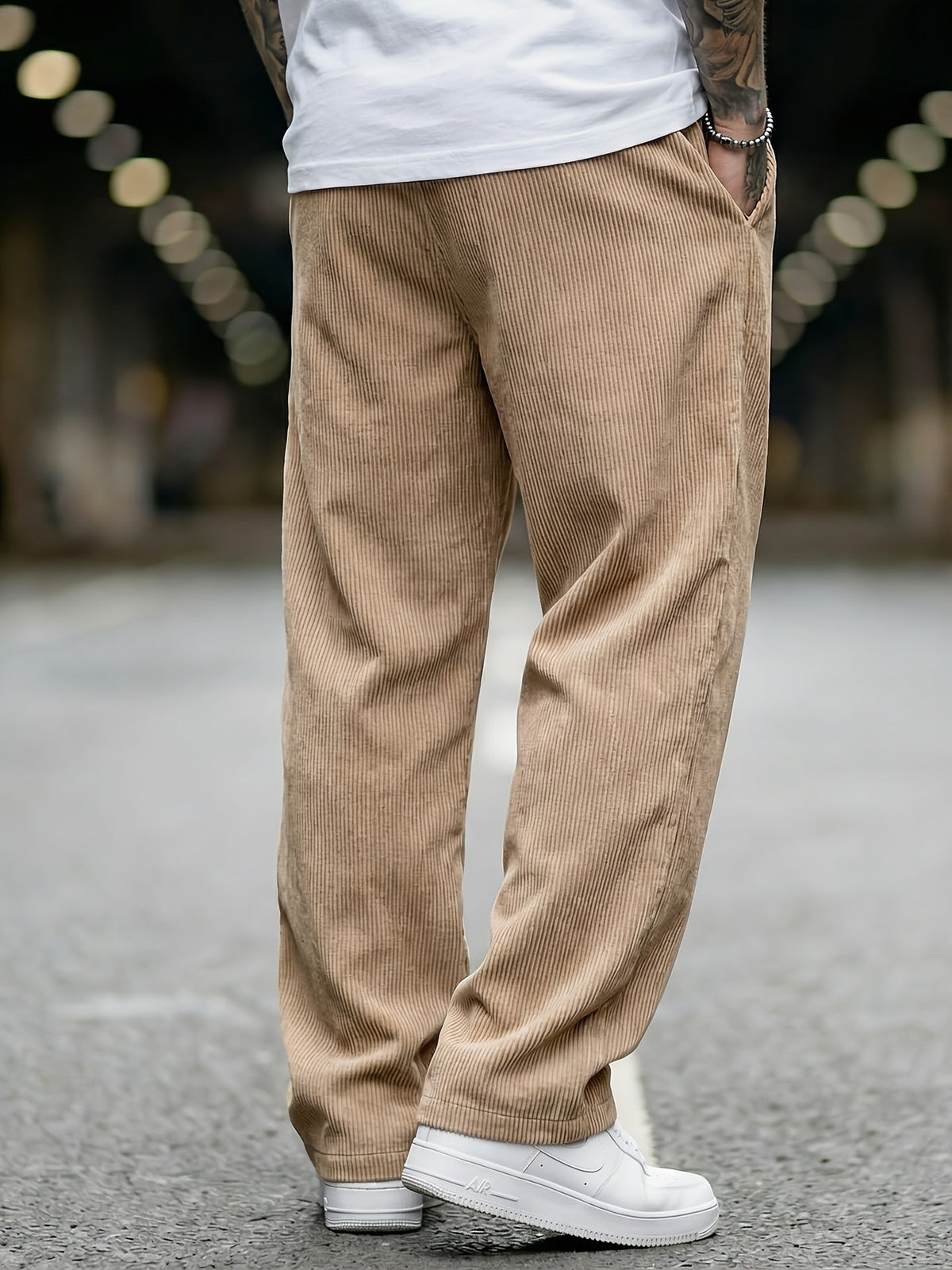 Heren Ribfluwelen Broek Losse Pasvorm met Elastische Taille en Zakken
