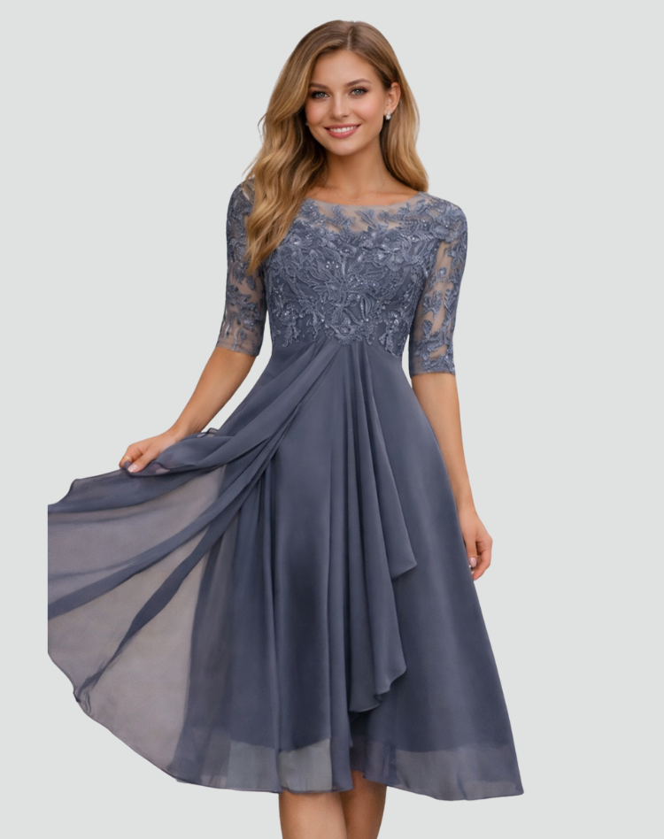 Dames Feestjurk Midi met Kanten Top en Tule Rok