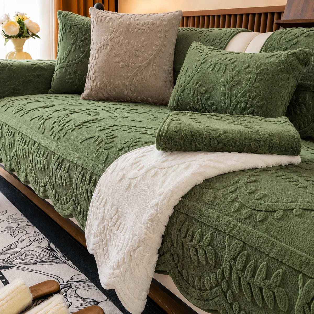 Bankhoes Pluche met Botanisch Reliëf en Antislip Onderkant