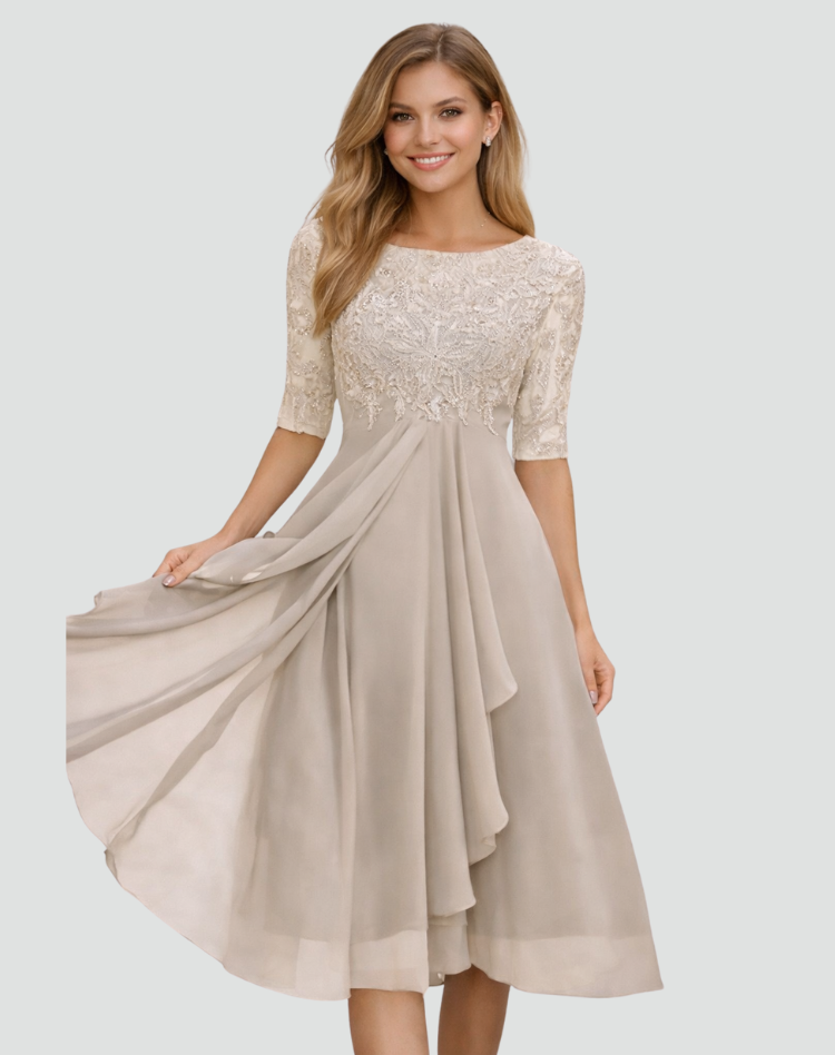 Dames Feestjurk Midi met Kanten Top en Tule Rok