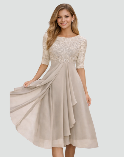 Dames Feestjurk Midi met Kanten Top en Tule Rok