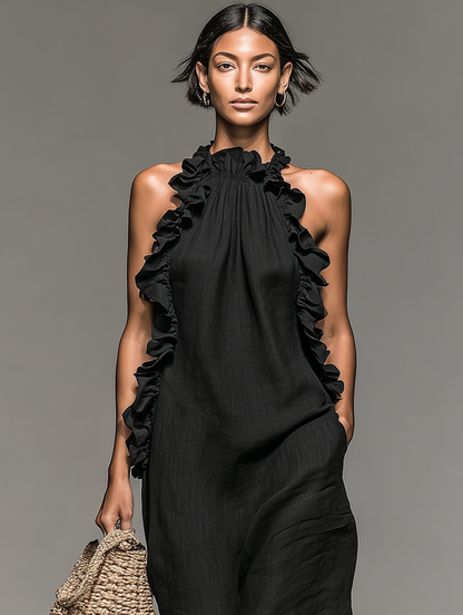 Dames Lange Zomerjurk Mouwloos met Volant Detail