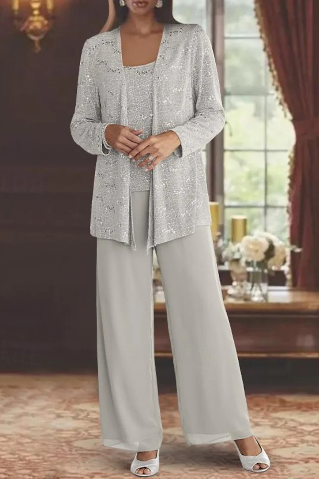 Dames Feestpak Driedelig - Kanten Blazer met Pailletten en Wide Leg Broek