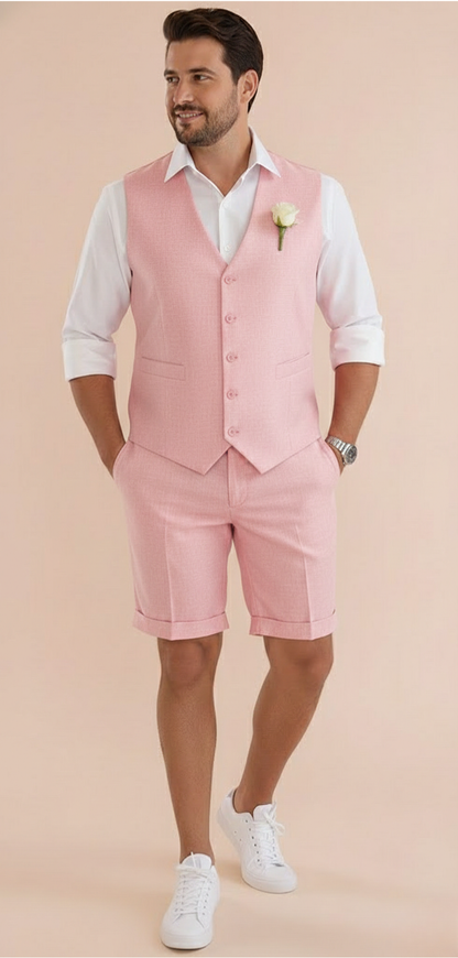 Heren Slim Fit Set – V-hals, Knopen, Korte Broek, Geschikt voor Zomer en Casual Gebruik