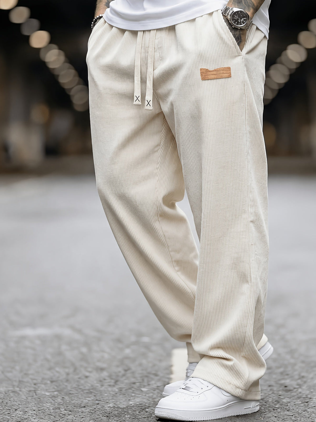 Heren Ribfluwelen Broek Losse Pasvorm met Elastische Taille en Zakken