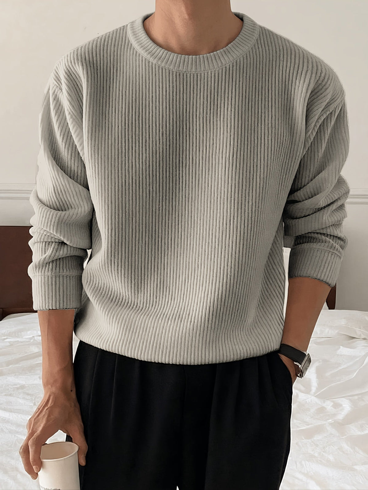 Heren Ribgebreide Crew-Neck Trui met Losse Pasvorm
