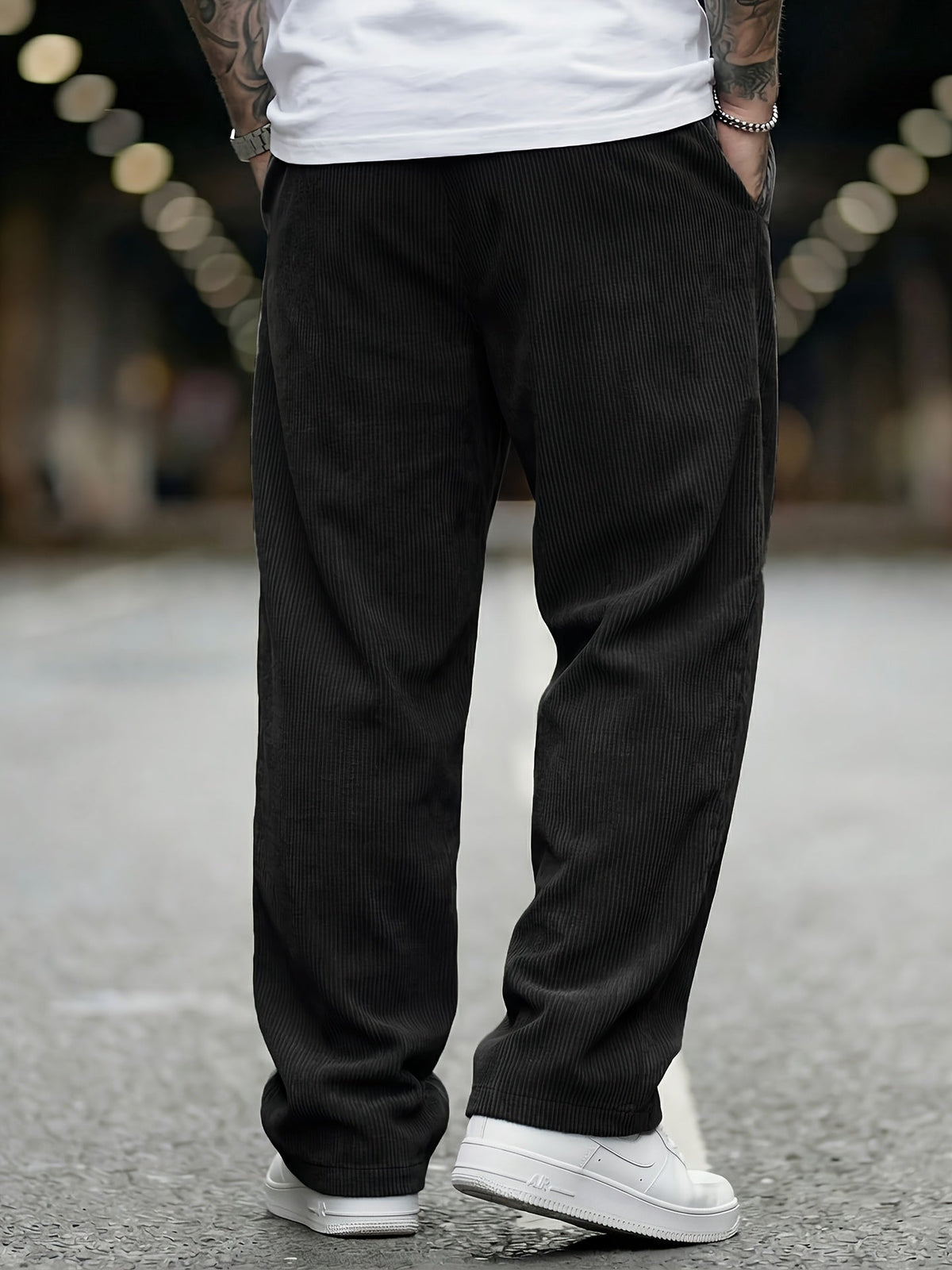 Heren Ribfluwelen Broek Losse Pasvorm met Elastische Taille en Zakken