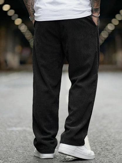 Heren Ribfluwelen Broek Losse Pasvorm met Elastische Taille en Zakken