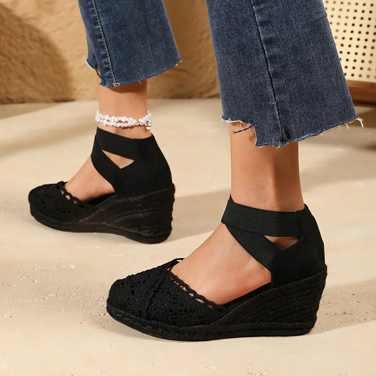 Gehaakte Dames Sleehak met Elastische Enkelband – Comfortabele Zomerse Schoen