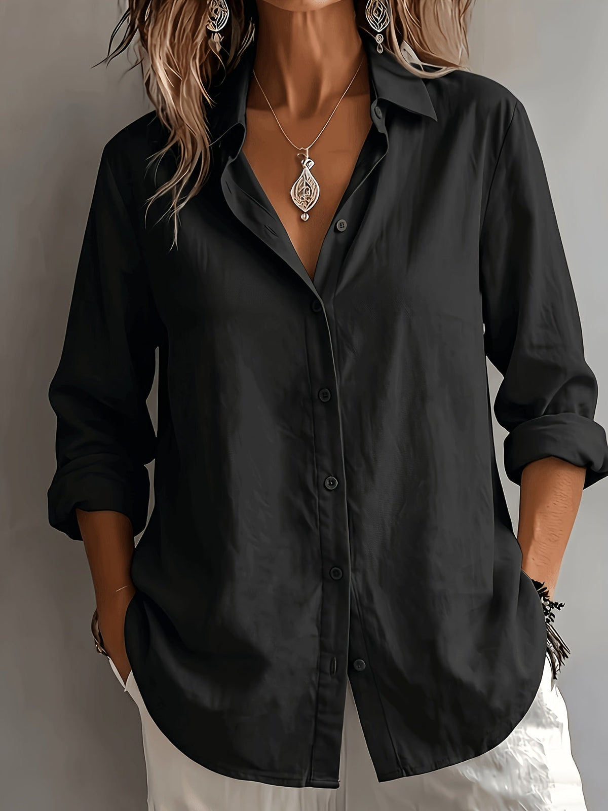 Dames Linnen Blouse met Omgeslagen Kraag en Lange Mouwen