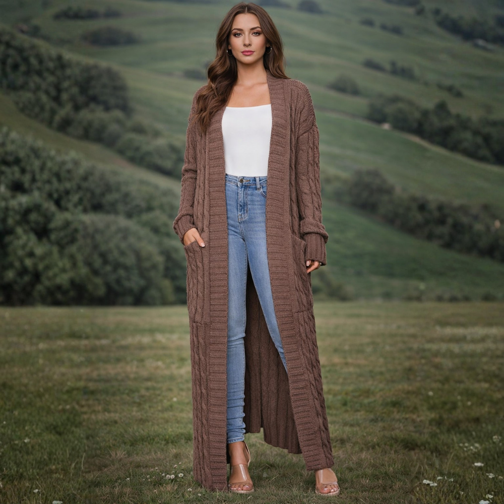 Dames Lange Gebreide Cardigan – Effen, Comfortabel voor Winter, Met Pompons