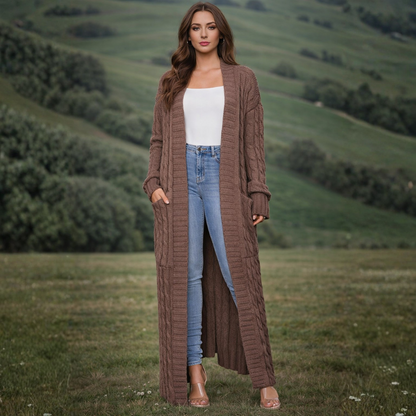 Dames Lange Gebreide Cardigan – Effen, Comfortabel voor Winter, Met Pompons