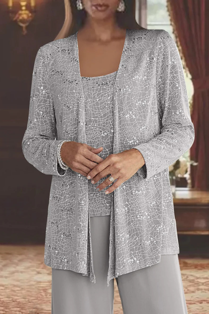 Dames Feestpak Driedelig - Kanten Blazer met Pailletten en Wide Leg Broek