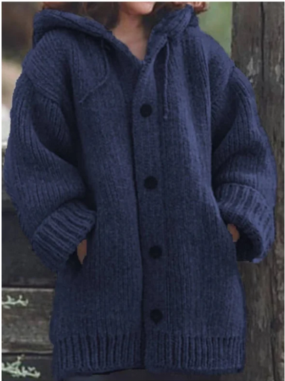 Dames Oversized Lange Gebreide Vest met Capuchon – Zwart, Warm Gebreid voor Casual en Herfstgebruik