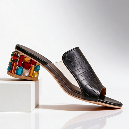 Dames Slippers met Strass Blokhak - Peep-Toe Sandalen