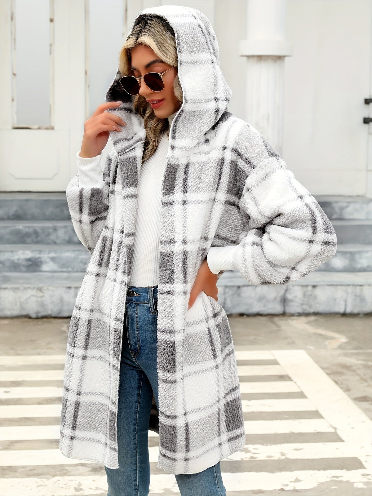 Antonia™ | Women's Plaid Hooded Open Front Longline Cardigan