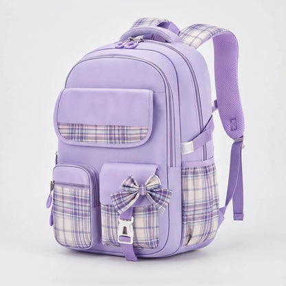 View of a stylish checkered school backpack featuring padded shoulder straps, a spacious compartment, and a durable fabric exterior