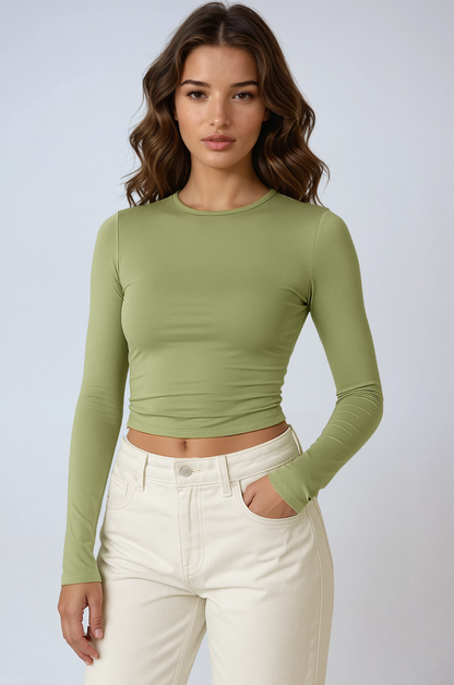 Dames Crop Top Lange Mouw - Stretch Ribtop met Duimgaatjes