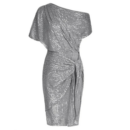 Dames Galajurk met Pailletten, Off-Shoulder Knielengte