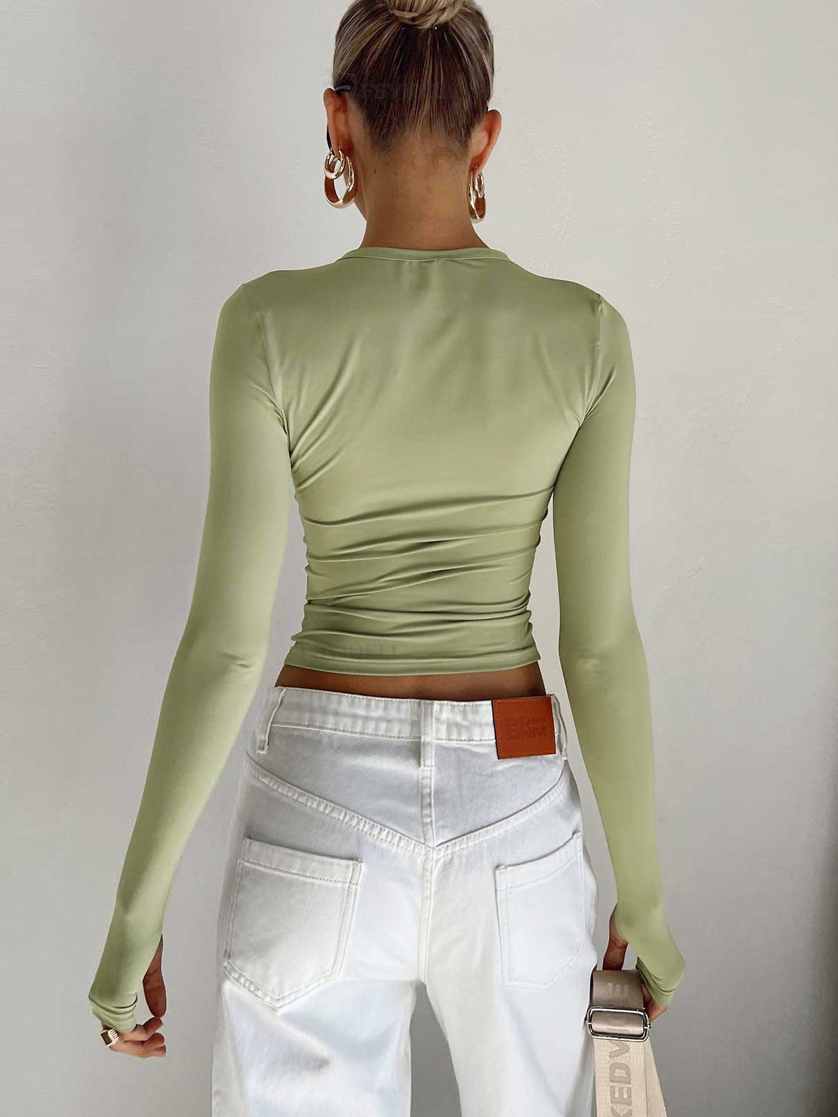 Dames Crop Top Lange Mouw - Stretch Ribtop met Duimgaatjes