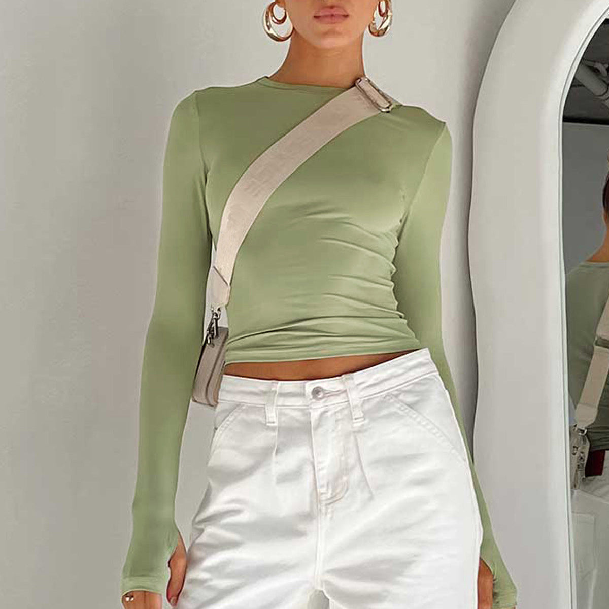 Dames Crop Top Lange Mouw - Stretch Ribtop met Duimgaatjes