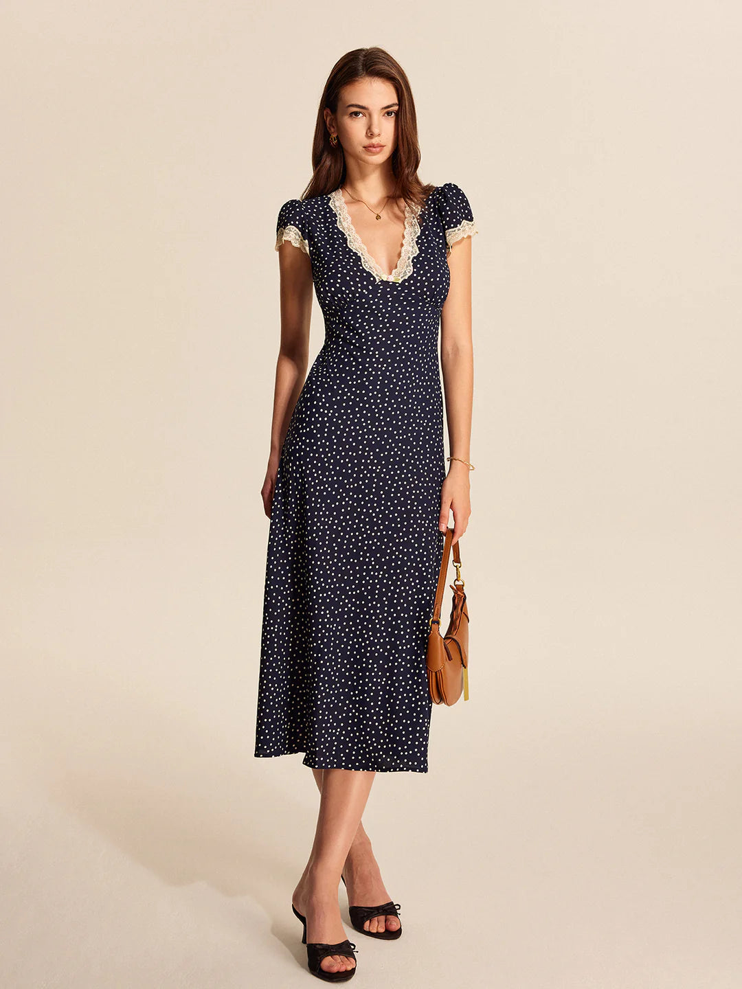Dames Polkadot Midi Jurk met Kanten V-Hals en Capmouwen