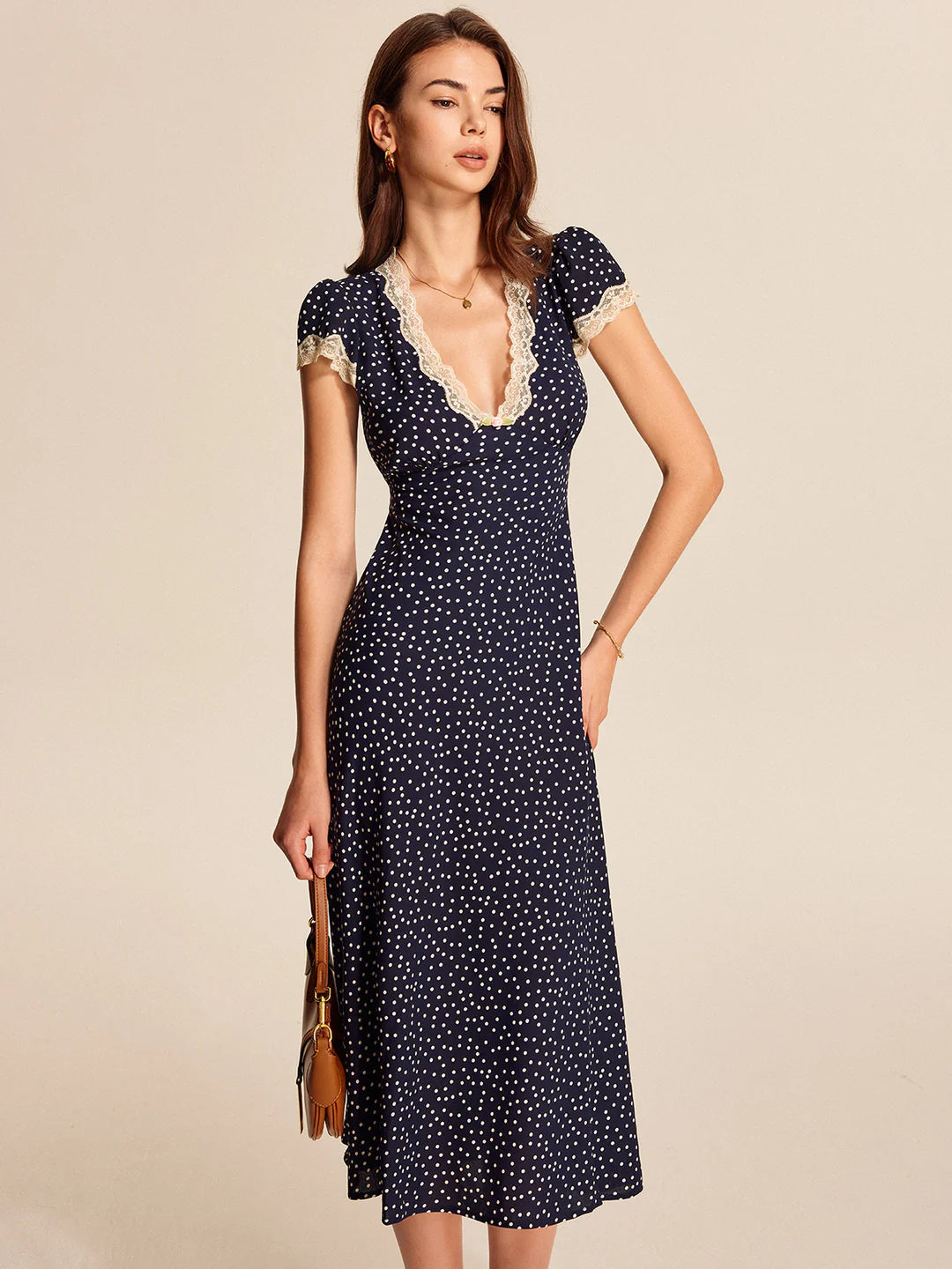 Dames Polkadot Midi Jurk met Kanten V-Hals en Capmouwen