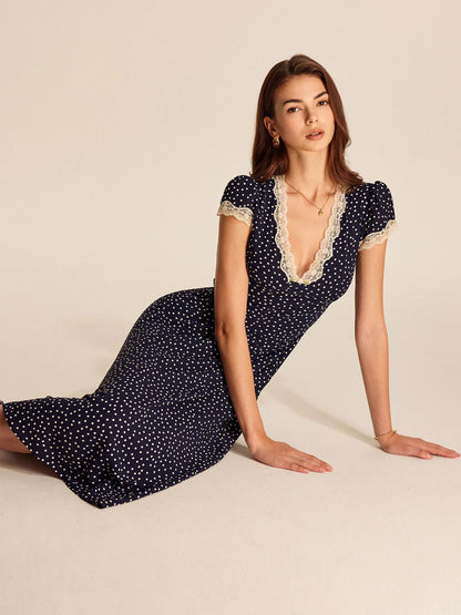 Dames Polkadot Midi Jurk met Kanten V-Hals en Capmouwen