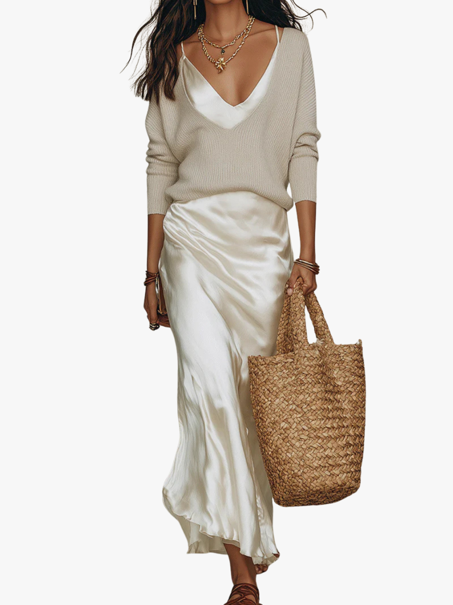 Dames Satijnen Midi Jurk met Gebreid Vest - Tweedelige Set met V-hals