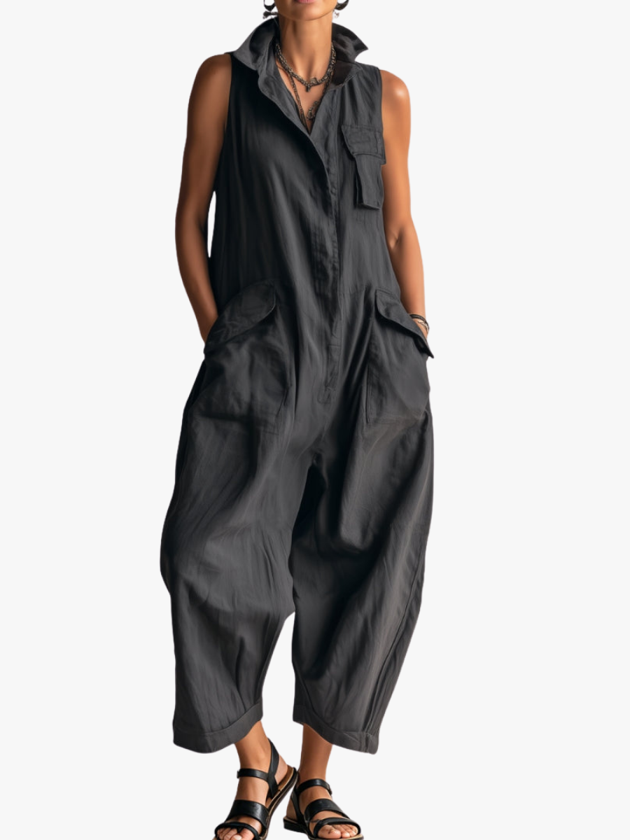 Dames Jumpsuit Mouwloos Cargostijl met Gestructureerde Kraag