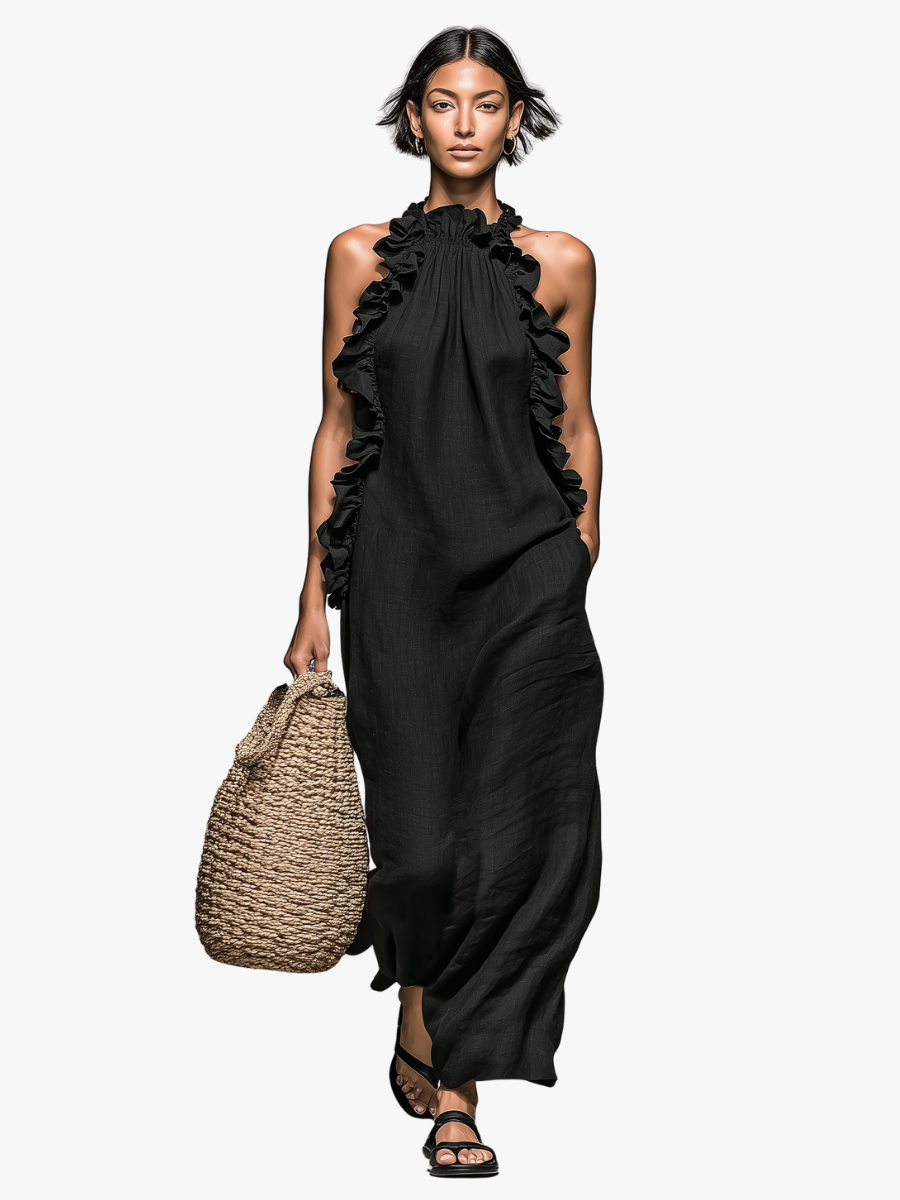 Dames Lange Zomerjurk Mouwloos met Volant Detail