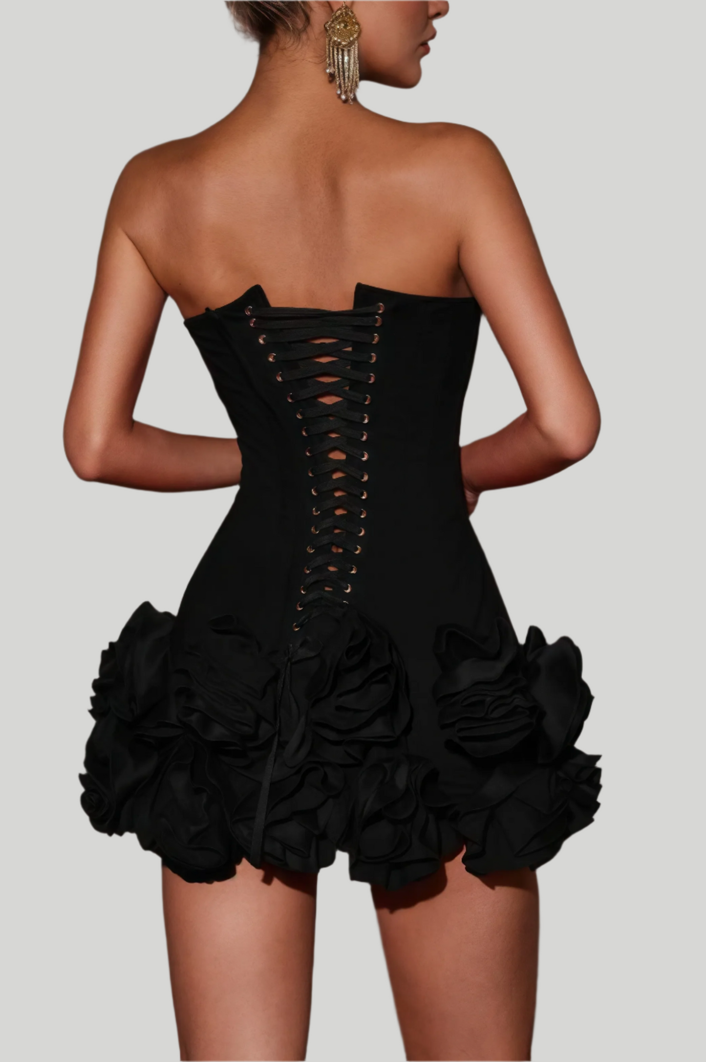 Isa - Strapless Mini Jurk met Gebloemde Onderrand