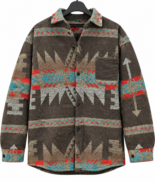 Sobrecamisa tipo chaqueta de hombre con estampado azteca – mezcla de lana y corte holgado