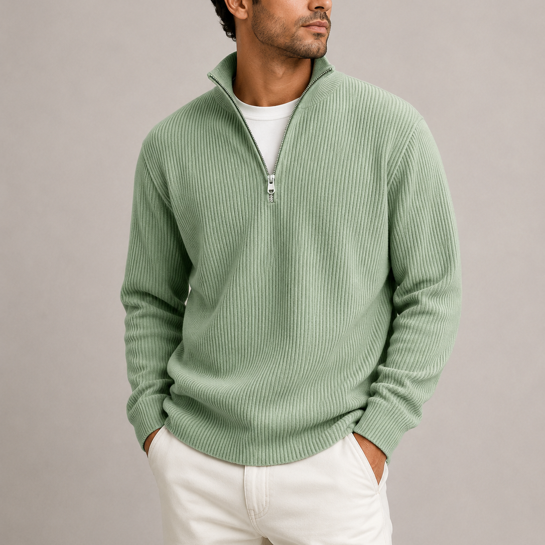Heren Quarter-Zip Trui met Staande Kraag - Geribbeld Gebreid